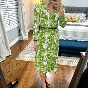 Green and White A-Line Wrap Dress with V-Neck